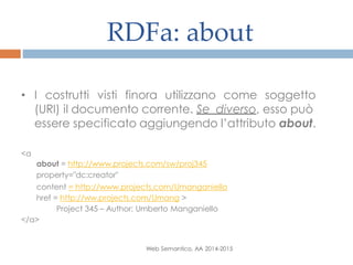 RDFa: about
Web Semantico, AA 2014-2015
• I costrutti visti finora utilizzano come soggetto
(URI) il documento corrente. Se diverso, esso può
essere specificato aggiungendo l’attributo about.
<a
about = http://www.projects.com/sw/proj345
property="dc:creator"
content = http://www.projects.com/Umanganiello
href = http://ww.projects.com/Umang >
Project 345 – Author: Umberto Manganiello
</a>
 