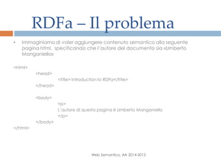 RDFa – Il problema
Web Semantico, AA 2014-2015
• Immaginiamo di voler aggiungere contenuto semantico alla seguente
pagina html, specificando che l’autore del documento sia «Umberto
Manganiello»
<html>
<head>
<title> Introduction to RDFa</title>
</head>
<body>
<p>
L’autore di questa pagina è Umberto Manganiello
</p>
</body>
</html>
 