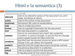 Html e la semantica (3)
Web Semantico, AA 2014-2015
alternate
Links to an alternate version of the document (i.e. print
page, translated or mirror)
author Links to the author of the document
bookmark Permanent URL used for bookmarking
help Links to a help document
license Links to copyright information for the document
next The next document in a selection
nofollow
Links to an unendorsed document, like a paid link.
("nofollow" is used by Google, to specify that the Google
search spider should not follow that link)
noreferrer
Specifies that the browser should not send a HTTP referer
header if the user follows the hyperlink
prefetch Specifies that the target document should be cached
prev The previous document in a selection
search Links to a search tool for the document
tag A tag (keyword) for the current document
Valori permessi per rel:
 