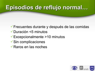 Episodios de reflujo normal…Episodios de reflujo normal…
Frecuentes durante y después de las comidas
Duración <5 minutos
Excepcionalmente >10 minutos
Sin complicaciones
Raros en las noches
 
