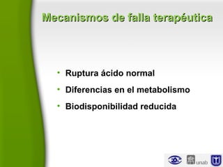 Mecanismos de falla terapéuticaMecanismos de falla terapéutica
• Ruptura ácido normal
• Diferencias en el metabolismo
• Biodisponibilidad reducida
 