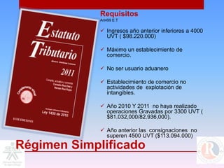 Requisitos
             Art499 E.T

              Ingresos año anterior inferiores a 4000
               UVT ( $98.220.000)

              Máximo un establecimiento de
               comercio.

              No ser usuario aduanero

              Establecimiento de comercio no
               actividades de explotación de
               intangibles.

              Año 2010 Y 2011 no haya realizado
               operaciones Gravadas por 3300 UVT (
               $81.032,000/82.936,000).

              Año anterior las consignaciones no
               superen 4500 UVT ($113.094.000)

Régimen Simplificado
 