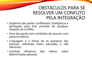 OBSTÁCULOS PARA SE
RESOLVER UM CONFLITO
PELA INTEGRAÇÃO
• Exigência das partes conflitantes: Inteligência e
percepção para tirar proveito de qualquer
situação de conflito;
• Uma das partes tem condições de assumir uma
postura tirânica;
• Linguagem e à forma de se expressar das
pessoas, utilizando frases educadas e não
ofensivas;
• Eventual influência dos líderes sobre
determinadas pessoas;
19
 
