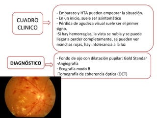 CUADRO
CLINICO

DIAGNÓSTICO

- Embarazo y HTA pueden empeorar la situación.
- En un inicio, suele ser asintomático
- Pérdida de agudeza visual suele ser el primer
signo.
-Si hay hemorragias, la vista se nubla y se puede
llegar a perder completamente, se pueden ver
manchas rojas, hay intolerancia a la luz
- Fondo de ojo con dilatación pupilar: Gold Standar
-Angiografía
- Ecografía modo B
-Tomografía de coherencia óptica (OCT)

 