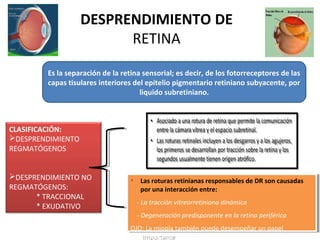 DESPRENDIMIENTO DE
RETINA
Es la separación de la retina sensorial; es decir, de los fotorreceptores de las
capas tisulares interiores del epitelio pigmentario retiniano subyacente, por
liquido subretiniano.

CLASIFICACIÓN:
DESPRENDIMIENTO
REGMATÓGENOS
DESPRENDIMIENTO NO
REGMATÓGENOS:
* TRACCIONAL
* EXUDATIVO

•• Las roturas retinianas responsables de DR son causadas
Las roturas retinianas responsables de DR son causadas
por una interacción entre:
por una interacción entre:

- -La tracción vitreorretiniana dinámica
La tracción vitreorretiniana dinámica
- -Degeneración predisponente en la retina periférica
Degeneración predisponente en la retina periférica
OJO: La miopía también puede desempeñar un papel
OJO: La miopía también puede desempeñar un papel
importante
importante

 