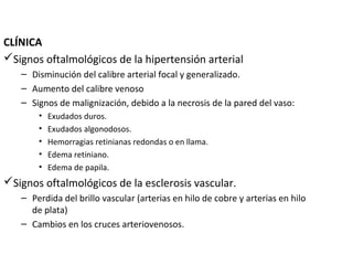 CLÍNICA
Signos oftalmológicos de la hipertensión arterial
– Disminución del calibre arterial focal y generalizado.
– Aumento del calibre venoso
– Signos de malignización, debido a la necrosis de la pared del vaso:
•
•
•
•
•

Exudados duros.
Exudados algonodosos.
Hemorragias retinianas redondas o en llama.
Edema retiniano.
Edema de papila.

Signos oftalmológicos de la esclerosis vascular.
– Perdida del brillo vascular (arterias en hilo de cobre y arterias en hilo
de plata)
– Cambios en los cruces arteriovenosos.

 