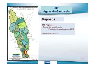 Raposos
UTE
Águas do Gandarela
ETE Raposos
• Operando parcialmente
Previsão de conclusão em 2019
• Ampliação do SES• Ampliação do SES
 