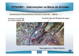 DTSO/BH - Intervenções na Bacia do Arrudas
Desobstrução da Caixa de Manobra Interceptor Arrudas MD ~100 L/s
Interceptor Arrudas MD.
(Av. Tereza Cristina) MD.
Local da Caixa de Manobra de esgoto.
Interceptor da Av. Olinto Meireles.
 