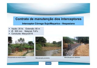  Vazão: 35 l/s Extensão: 80 m
 Ø: 500 mm Material: FoFo
 Concluído: Março/2018
Contrato de manutenção dos interceptores
Interceptor Córrego Sujo/Maçarico - Vespasiano
 Concluído: Março/2018
Rompimento do trecho aéreo Manutenção provisória Manutenção em definitivo
 