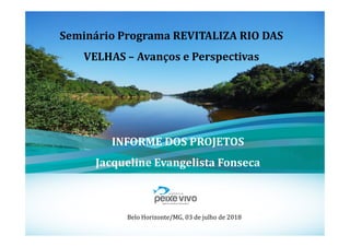 Seminário Programa REVITALIZA RIO DAS
VELHAS – Avanços e Perspectivas
1
Belo Horizonte/MG, 03 de julho de 2018
INFORME DOS PROJETOS
Jacqueline Evangelista Fonseca
 