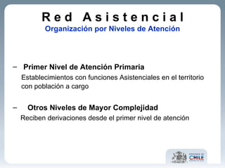 Primer Nivel de Atención Primaria Establecimientos con funciones Asistenciales en el territorio con población a cargo   Otros Niveles de Mayor Complejidad   Reciben derivaciones desde el primer nivel de atención R e d  A s i s t e n c i a l Organización por Niveles de Atención 