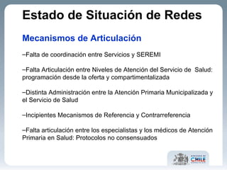 Mecanismos de Articulación Falta de coordinación entre Servicios y SEREMI Falta Articulación entre Niveles de Atención del Servicio de  Salud: programación desde la oferta y compartimentalizada Distinta Administración entre la Atención Primaria Municipalizada y el Servicio de Salud Incipientes Mecanismos de Referencia y Contrarreferencia Falta articulación entre los especialistas y los médicos de Atención Primaria en Salud: Protocolos no consensuados Estado de Situación de Redes   
