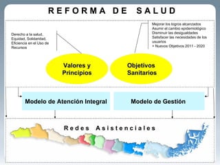 R E F O R M A  D E  S A L U D  Valores y Principios Derecho a la salud, Equidad, Solidaridad, Eficiencia en el Uso de Recursos Modelo de Atención Integral R e d e s  A s i s t e n c i a l e s Mejorar los logros alcanzados Asumir el cambio epidemiológico  Disminuir las desigualdades Satisfacer las necesidades de los  usuarios + Nuevos Objetivos 2011 - 2020 Objetivos Sanitarios Modelo de Gestión  