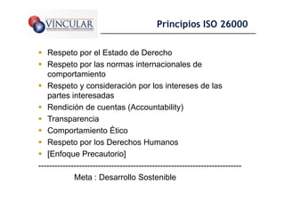 Principios ISO 26000

   Respeto por el Estado de Derecho
   Respeto por las normas internacionales de
   comportamiento
   Respeto y consideración por los intereses de las
   partes interesadas
   Rendición de cuentas (Accountability)
   Transparencia
   Comportamiento Ético
   Respeto por los Derechos Humanos
   [Enfoque Precautorio]
---------------------------------------------------------------------------
             Meta : Desarrollo Sostenible                                     17
 