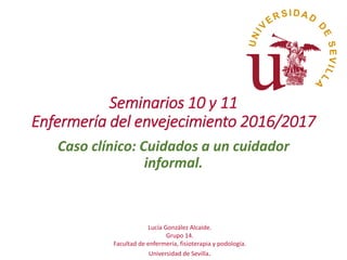 Seminarios 10 y 11
Enfermería del envejecimiento 2016/2017
Caso clínico: Cuidados a un cuidador
informal.
Lucía González Alcaide.
Grupo 14.
Facultad de enfermería, fisioterapia y podología.
Universidad de Sevilla.
 