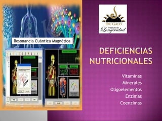 Resonancia Cuántica Magnética

Vitaminas
Minerales
Oligoelementos
Enzimas
Coenzimas

 