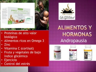 • Proteínas de alto valor
biológico
• Alimentos ricos en Omega 3
• Zinc
• Vitamina C (cortisol)
• Fruta y vegetales de bajo
índice glicémico
• Ejercicio
• Control del estrés

Andropausia

 