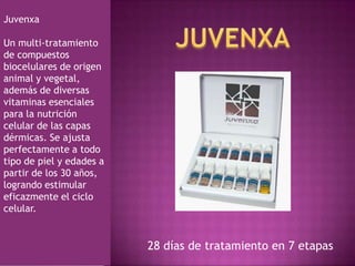 Juvenxa
Un multi-tratamiento
de compuestos
biocelulares de origen
animal y vegetal,
además de diversas
vitaminas esenciales
para la nutrición
celular de las capas
dérmicas. Se ajusta
perfectamente a todo
tipo de piel y edades a
partir de los 30 años,
logrando estimular
eficazmente el ciclo
celular.

28 días de tratamiento en 7 etapas

 
