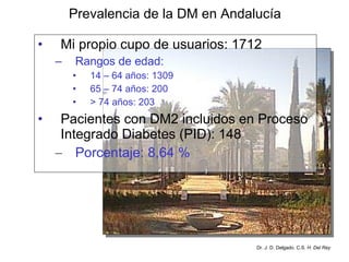 Prevalencia de la DM en Andalucía Mi propio cupo de usuarios: 1712 Rangos de edad: 14 – 64 años: 1309 65 – 74 años: 200 > 74 años: 203 Pacientes con DM2 incluidos en Proceso Integrado Diabetes (PID): 148 Porcentaje: 8,64 % Dr. J. D. Delgado. C.S.  H. Del Rey 