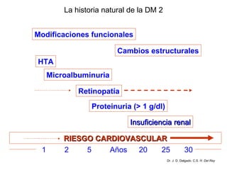 La historia natural de la DM 2 Dr. J. D. Delgado. C.S.  H. Del Rey Modificaciones funcionales Cambios estructurales HTA Microalbuminuria Proteinuria (> 1 g/dl) Insuficiencia renal RIESGO CARDIOVASCULAR 1 2 5 Años   20   25   30 Retinopatía 