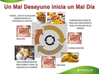 2 HORAS DESPUÉS
SOBREPRODUCCIÓN DE
INSULINA PARA BAJAR EL
NIVEL DE AZUCAR EN LA
SANGRE
INSULINA
INSULINA
MÁS CARBOHIDRATOS
PARA SUBIR EL NIVEL DE
AZÚCAR EN LA SANGRE
CEREAL, JUGO O CUALQUIER
CARBOHIDRATO ES
DISPARAR SU APETITO
 