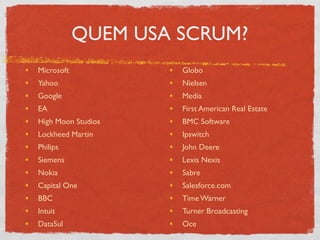 QUEM USA SCRUM?
Microsoft            Globo
Yahoo                Nielsen
Google               Media
EA                   First American Real Estate
High Moon Studios    BMC Software
Lockheed Martin      Ipswitch
Philips              John Deere
Siemens              Lexis Nexis
Nokia                Sabre
Capital One          Salesforce.com
BBC                  Time Warner
Intuit               Turner Broadcasting
DataSul              Oce
 