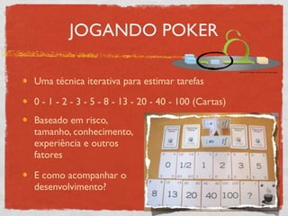 JOGANDO POKER

Uma técnica iterativa para estimar tarefas

0 - 1 - 2 - 3 - 5 - 8 - 13 - 20 - 40 - 100 (Cartas)
Baseado em risco,
tamanho, conhecimento,
experiência e outros
fatores

E como acompanhar o
desenvolvimento?
 