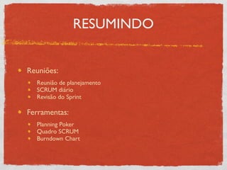 RESUMINDO


Reuniões:
  Reunião de planejamento
  SCRUM diário
  Revisão do Sprint

Ferramentas:
  Planning Poker
  Quadro SCRUM
  Burndown Chart
 