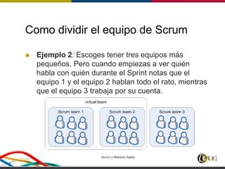 Como dividir el equipo de Scrum
 Ejemplo 2: Escoges tener tres equipos más
pequeños. Pero cuando empiezas a ver quién
habla con quién durante el Sprint notas que el
equipo 1 y el equipo 2 hablan todo el rato, mientras
que el equipo 3 trabaja por su cuenta.
Scrum y Métodos Ágiles 141
 