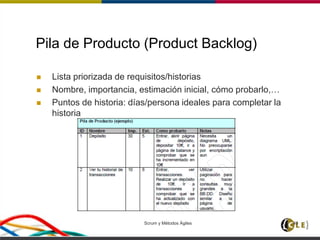 Scrum y Métodos Ágiles 40
Pila de Producto (Product Backlog)
 Lista priorizada de requisitos/historias
 Nombre, importancia, estimación inicial, cómo probarlo,…
 Puntos de historia: días/persona ideales para completar la
historia
 