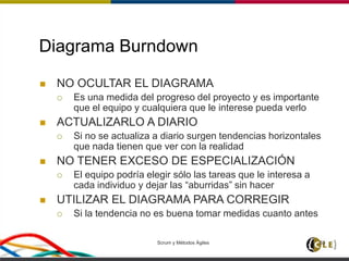 Scrum y Métodos Ágiles 53
Diagrama Burndown
 NO OCULTAR EL DIAGRAMA
 Es una medida del progreso del proyecto y es importante
que el equipo y cualquiera que le interese pueda verlo
 ACTUALIZARLO A DIARIO
 Si no se actualiza a diario surgen tendencias horizontales
que nada tienen que ver con la realidad
 NO TENER EXCESO DE ESPECIALIZACIÓN
 El equipo podría elegir sólo las tareas que le interesa a
cada individuo y dejar las “aburridas” sin hacer
 UTILIZAR EL DIAGRAMA PARA CORREGIR
 Si la tendencia no es buena tomar medidas cuanto antes
 