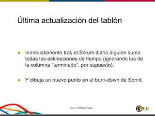 Última actualización del tablón
 Inmediatamente tras el Scrum diario alguien suma
todas las estimaciones de tiempo (ignorando los de
la columna “terminado”, por supuesto).
 Y dibuja un nuevo punto en el burn-down de Sprint.
Scrum y Métodos Ágiles 89
 