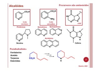 17
Alcalóides Precursores não aminoácidos
Ácido
nicotínico
Piridínicos
N
CO2H
N
N
Nicotina
CO2H
NH2
Ácido
antranílico
N
NN
QuinazolínicoQuinolínico
N
Acridínico
N
NH
N
N
O
AMP
N
N
N
N
H
O
Cafeína
Dewick, 2002
Pseudoalcalóides
Fenilalanina
Acetato
Terpenos
Esteróides
N
H
CO2H
 