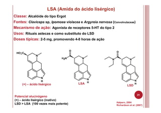 29
LSA (Amida do ácido lisérgico)
Classe: Alcalóide do tipo Ergot
Fontes: Claviceps sp, Ipomoea violacea e Argyreia nervosa (Convolvulaceae)
Mecanismo de ação: Agonista de receptores 5-HT do tipo 2
Usos: Rituais astecas e como substituto do LSD
Halpern, 2004
Richardson et al. (2007)
Doses típicas: 2-5 mg, promovendo 4-8 horas de ação
N
N
H
O
NH2 N
N
H
O
N
N
N
H
HO2C
Potencial alucinógeno
(+) – ácido lisérgico (inativo)
LSD > LSA (100 vezes mais potente)
(+) – ácido lisérgico LSA
LSD
 