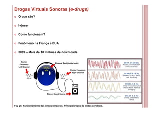 41
Drogas Virtuais Sonoras (e-drugs)
O que são?
I-doser
Como funcionam?
Fenômeno na França e EUA
2009 – Mais de 10 milhões de downloads
Fig. 25: Funcionamento das ondas binaurais. Principais tipos de ondas cerebrais.
 