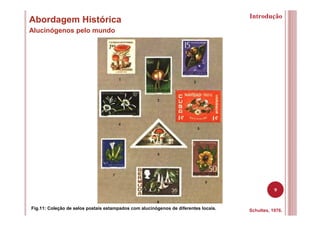 9
Abordagem Histórica
Alucinógenos pelo mundo
Schultes, 1976.Fig.11: Coleção de selos postais estampados com alucinógenos de diferentes locais.
Introdução
 