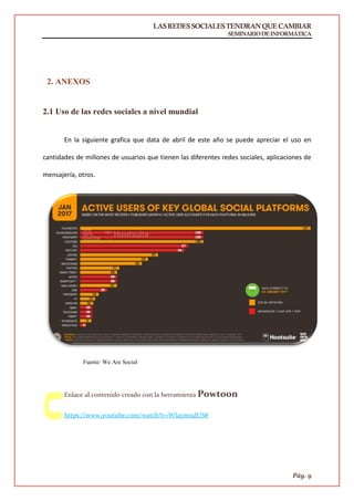 LASREDESSOCIALESTENDRANQUECAMBIAR
SEMINARIODEINFORMÁTICA
Pág. 9
2. ANEXOS
2.1 Uso de las redes sociales a nivel mundial
En la siguiente grafica que data de abril de este año se puede apreciar el uso en
cantidades de millones de usuarios que tienen las diferentes redes sociales, aplicaciones de
mensajería, otros.
Fuente: We Are Social
Enlace al contenido creado con la herramienta Powtoon
https://www.youtube.com/watch?v=Wlaym19JUS8
 
