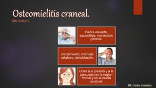 SÍNTOMAS:
Fiebre elevada,
escalofríos, mal estado
general.
Decaimiento, intensas
cefaleas, obnubilación.
Dolor a la presión y a la
percusión en la región
frontal y en la calota
cerebral.
BR. Carlos Gonzalez
 