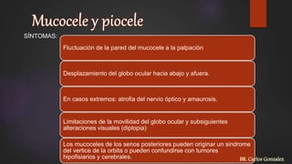 SÍNTOMAS:
Fluctuación de la pared del mucocele a la palpación
Desplazamiento del globo ocular hacia abajo y afuera.
En casos extremos: atrofia del nervio óptico y amaurosis.
Limitaciones de la movilidad del globo ocular y subsiguientes
alteraciones visuales (diplopia)
Los mucoceles de los senos posteriores pueden originar un sindrome
del vertice de la orbita o pueden confundirse con tumores
hipofisiarios y cerebrales. BR. Carlos Gonzalez
 