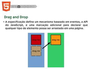 ● A especificação define um mecanismo baseado em eventos, a API
do JavaScript, e uma marcação adicional para declarar que
qualquer tipo de elemento possa ser arrastado em uma página.
Drag and Drop
drag medrag me
drag me
 