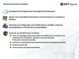 Servicios Cloud de Esri España	Servicios de Esri España para tecnología Cloud (Amazon)	Ajuste a las necesidades del cliente a la hora de poner en marcha un sistema.	Entornos pre-configurados con ArcGIS Server y ArcSDE o entornos personalizados en función de sus necesidades.	Casos de uso ArcGIS Server en Cloud :Crear y/o desplegar aplicaciones Web con ArcGISServer sin disponer de infraestructura, (hardware, software y recursos técnicos): Producción como de Desarrollo.Aumentar la capacidad de procesamiento puntual paraAplicaciones Web.Backup de datos GIS.Tareas masivas de geoprocesamiento.