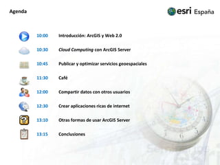 Agenda10:00 	Introducción: ArcGIS y Web 2.010:30Cloud Computing con ArcGIS Server10:45 	Publicar y optimizar servicios geoespaciales11:30	Café12:00	Compartir datos con otros usuarios12:30	Crear aplicaciones ricas de internet13:10	Otras formas de usar ArcGIS Server13:15	Conclusiones