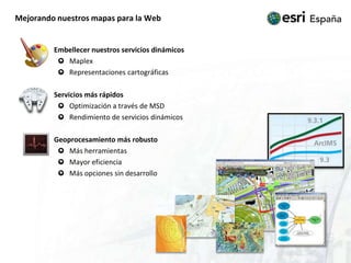 Mejorando nuestros mapas para la WebEmbellecer nuestros servicios dinámicosMaplexRepresentaciones cartográficas	Servicios más rápidosOptimización a través de MSDRendimiento de servicios dinámicosGeoprocesamiento más robustoMás herramientasMayor eficienciaMás opciones sin desarrollo