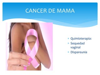  Quimioterapia:
 Sequedad
vaginal
 Dispareunia
CANCER DE MAMA
 