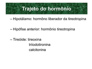 Trajeto do hormônio
– Hipotálamo: hormôno liberador da tireotropina
– Hipófise anterior: hormônio tireotropina
– Tireóide: tireoxina
triiodotironina
calcitonina
 