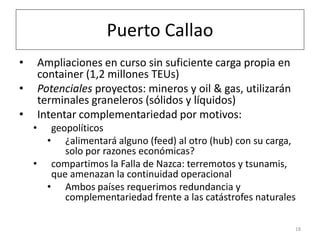 Puerto Callao
•       Ampliaciones en curso sin suficiente carga propia en
        container (1,2 millones TEUs)
•       P...