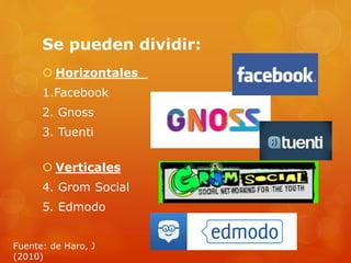Se pueden dividir:
 Horizontales
1.Facebook
2. Gnoss
3. Tuenti
 Verticales
4. Grom Social
5. Edmodo
Fuente: de Haro, J
(2010)
 