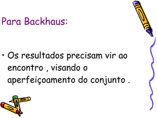 Para Backhaus: Os resultados precisam vir ao encontro , visando o aperfeiçoamento do conjunto .  