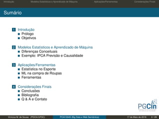 Introdução Modelos Estatísticos e Aprendizado de Máquina Aplicações/Ferramentas Considerações Finais
Sumário
1 Introdução
Prólogo
Objetivos
2 Modelos Estatísticos e Aprendizado de Máquina
Diferenças Conceituais
Exemplo: IPCA Previsão e Causalidade
3 Aplicações/Ferramentas
Estatística no Esporte
ML na compra de Roupas
Ferramentas
4 Considerações Finais
Conclusões
Bibliograﬁa
Q & A e Contato
Vinícius M. de Sousa (PGCIn/UFSC) PCI410045 (Big Data e Web Semântica) 17 de Maio de 2019 2 / 29
 