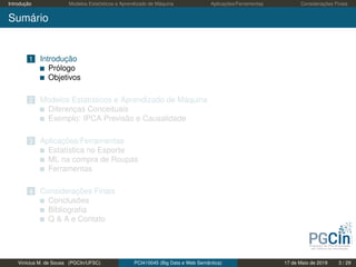 Introdução Modelos Estatísticos e Aprendizado de Máquina Aplicações/Ferramentas Considerações Finais
Sumário
1 Introdução
Prólogo
Objetivos
2 Modelos Estatísticos e Aprendizado de Máquina
Diferenças Conceituais
Exemplo: IPCA Previsão e Causalidade
3 Aplicações/Ferramentas
Estatística no Esporte
ML na compra de Roupas
Ferramentas
4 Considerações Finais
Conclusões
Bibliograﬁa
Q & A e Contato
Vinícius M. de Sousa (PGCIn/UFSC) PCI410045 (Big Data e Web Semântica) 17 de Maio de 2019 3 / 29
 